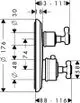 Thermostat-Unterputzeinheit mit Kreuzgriff und Absperrventil, aus Chrom, gestaltet von AXOR. Abmessungen und Details sind in der technischen Zeichnung sichtbar.